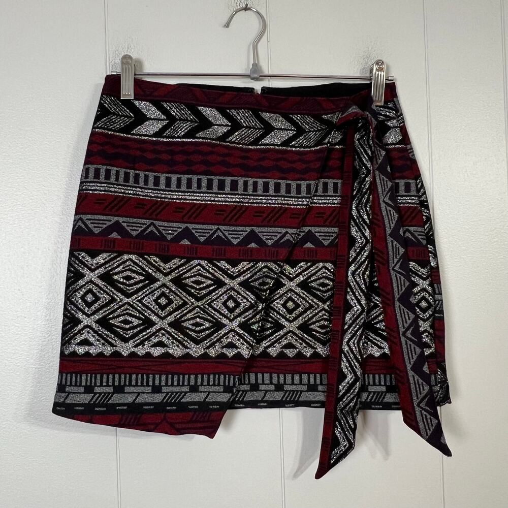 Express Size 2 Metallic Aztec Faux Wrap Mini Skirt Burgundy Silver